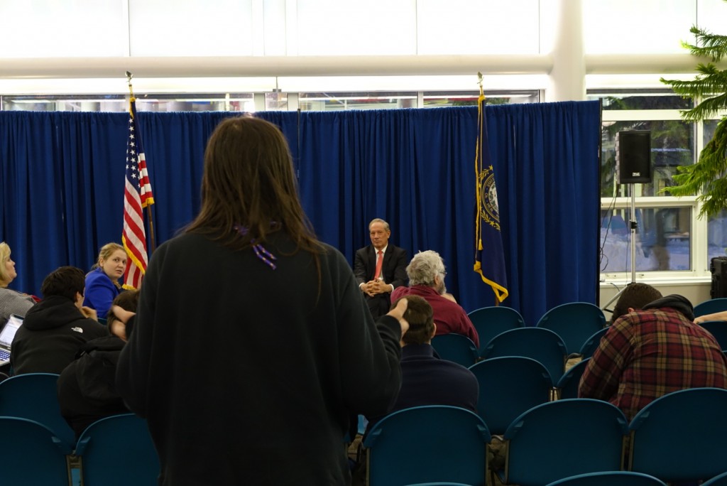 George Pataki listens to a question during a town hall meeting at Keene State College.  2/3/15